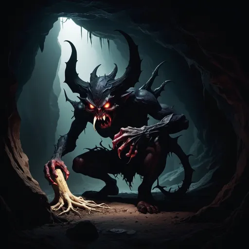 Prompt: a shadow demon biting a root inside a dark cave