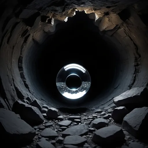 Prompt: a little black hole inside a broken glass sphere inside at the center of a dark cave