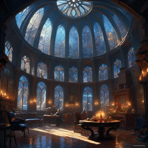 Prompt: <mymodel> winter christmas Ravenclaw common room with pavilion Stained, stunning stained glass dome roof, poster lsd art, intricate, elegant, highly detailed, centered, artstation, concept art, smooth sharp focus, illustration, artgerm, tomasz alen kopera, peter mohrbacher, donato giancola, joseph christian leyendecker, frank frazetta, stars twinkle brightly through the clear panes, hinting at Ravenclaw’s celestial inspiration.Capture the color palette of deep blues, silver, and indigo. The walls should be lined with rich, wooden bookshelves, filled with ancient, leather-bound tomes that glint softly under the light of floating lanterns. Incorporate busts of famous Ravenclaw figures, carved in white marble, perched between the bookshelves with a lifelike quality that gives the sense they’re watching the room's occupants. In the center of the room, a large, circular fireplace with silver and eagle motifs should emit a magical blue flame, casting soft, shifting shadows that bring warmth to the otherwise cool tones of the space.The furniture should include plush velvet armchairs and high-backed sofas in shades of midnight blue, arranged around the fireplace for a cozy yet regal feel. Add a touch of luxury with silver-threaded, intricately patterned rugs and cushions scattered across the floor. The light should play across the surfaces in soft gradients, illuminating the polished wood floors and creating a delicate balance between shadow and light, enhancing the magical ambiance of the room.For a magical touch, let the enchanted lanterns cast a soft, silver glow, and make the flame in the fireplace flicker with a subtle shimmer, evoking the enchanted atmosphere of Hogwarts.