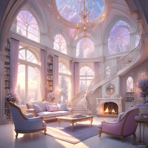 Prompt: <mymodel> winter. elegant living room of a castle, bathed in a soft ethereal light. glows with pastel golds and frosty blues, blending harmoniously into the shimmering white tones of winter. stunning glass dome roof with frosted floral and elven patterns allows the sky’s soft lavender and pink hues from the setting sun to spill into the room. A large fireplace casts a gentle, warm glow, light reflecting off the soft velvet of pale ivory and sky-blue furniture. Panoramic windows reveal a serene winter wonderland, with snow-blanketed forests, a frozen river meandering beneath a delicate stone bridge, and faint twinkles of fairy lights draped along the trees outside. Swarovski, Tiffany & Co., and Bulgari-inspired ornaments, glistening like delicate jewels, are intricately placed on snow-dusted garlands. White lilies, soft blue hydrangeas, and silver-tinted holly are arranged in delicate vases, adding elegance.