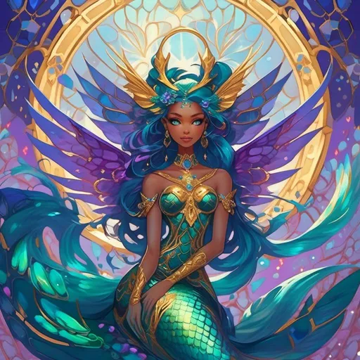 Prompt: <mymodel> beautiful tan mermaid, vivid and intricate tail and wings made in rich bright and deep vibrant colors, golden hues and turquoise hues, lilac hues, teal hues, aquamarine hues, sapphire deep shadows, emerald shadows,gold and silver accents, rich blue colors