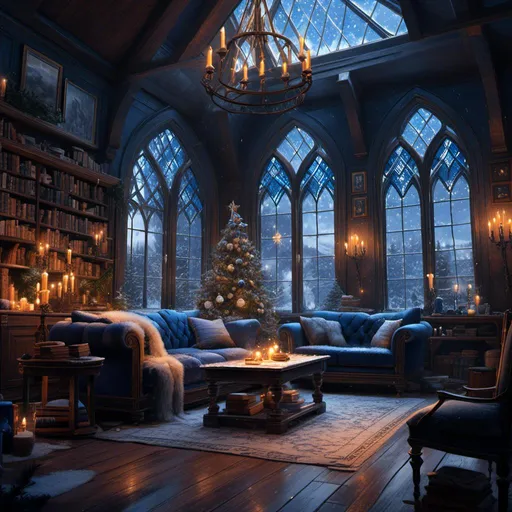 Prompt: <mymodel> Create an ethereal snowy winter magic christmas scene of the Ravenclaw Common Room from Hogwarts Legacy, a space steeped in intellectual beauty and subtle magic. The room should feature large, arched windows with leaded glass, framing a panoramic view of the sky. During the day, the room is bathed in soft, natural light, while at night, stars twinkle brightly through the clear panes, hinting at Ravenclaw’s celestial inspiration.
Capture the color palette of deep blues, silver, and indigo. The walls should be lined with rich, wooden bookshelves, filled with ancient, leather-bound tomes that glint softly under the light of floating lanterns. Incorporate busts of famous Ravenclaw figures, carved in white marble, perched between the bookshelves with a lifelike quality that gives the sense they’re watching the room's occupants. In the center of the room, a large, circular fireplace with silver and eagle motifs should emit a magical blue flame, casting soft, shifting shadows that bring warmth to the otherwise cool tones of the space.The furniture should include plush velvet armchairs and high-backed sofas in shades of midnight blue, arranged around the fireplace for a cozy yet regal feel. Add a touch of luxury with silver-threaded, intricately patterned rugs and cushions scattered across the floor. The light should play across the surfaces in soft gradients, illuminating the polished wood floors and creating a delicate balance between shadow and light, enhancing the magical ambiance of the room.For a magical touch, let the enchanted lanterns cast a soft, silver glow, and make the flame in the fireplace flicker with a subtle shimmer, evoking the enchanted atmosphere of Hogwarts.