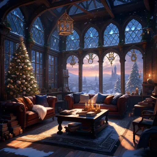 Prompt: <mymodel> Create an ethereal snowy winter magic christmas scene of the Ravenclaw Common Room from Hogwarts Legacy, a space steeped in intellectual beauty and subtle magic. The room should feature large, arched windows with leaded glass, framing a panoramic view of the sky. During the day, the room is bathed in soft, natural light, while at night, stars twinkle brightly through the clear panes, hinting at Ravenclaw’s celestial inspiration.
Capture the color palette of deep blues, silver, and indigo. The walls should be lined with rich, wooden bookshelves, filled with ancient, leather-bound tomes that glint softly under the light of floating lanterns. Incorporate busts of famous Ravenclaw figures, carved in white marble, perched between the bookshelves with a lifelike quality that gives the sense they’re watching the room's occupants. In the center of the room, a large, circular fireplace with silver and eagle motifs should emit a magical blue flame, casting soft, shifting shadows that bring warmth to the otherwise cool tones of the space.The furniture should include plush velvet armchairs and high-backed sofas in shades of midnight blue, arranged around the fireplace for a cozy yet regal feel. Add a touch of luxury with silver-threaded, intricately patterned rugs and cushions scattered across the floor. The light should play across the surfaces in soft gradients, illuminating the polished wood floors and creating a delicate balance between shadow and light, enhancing the magical ambiance of the room.For a magical touch, let the enchanted lanterns cast a soft, silver glow, and make the flame in the fireplace flicker with a subtle shimmer, evoking the enchanted atmosphere of Hogwarts.