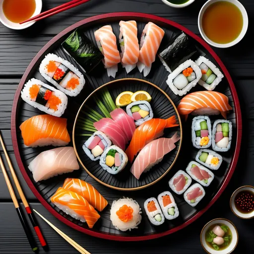 Prompt: "Generate a top-down view illustration featuring a variety of sushi pieces, including nigiri, maki rolls, and sashimi, arranged artfully on a traditional black wooden platter. Next to the sushi, include a bowl of ramen noodles in a rich broth, topped with green onions, sliced pork, and a soft-boiled egg. The scene should be vibrant and appetizing, capturing the textures and colors of both the sushi and noodles. Background can be a minimalist, neutral surface to highlight the food presentation."