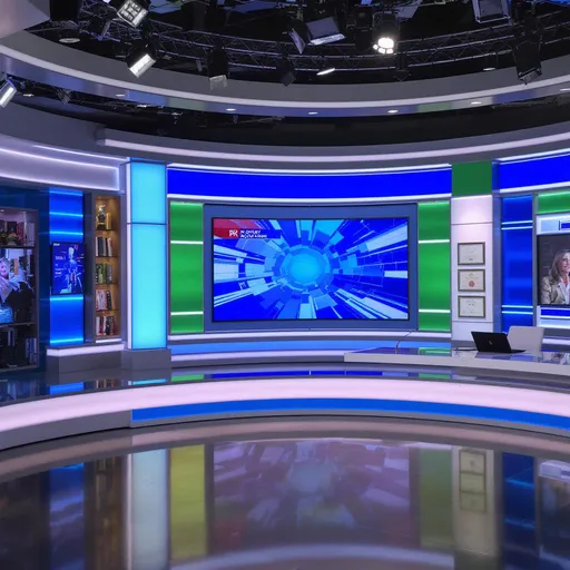 Prompt: in a news studio eye level camera shot colorful studio 