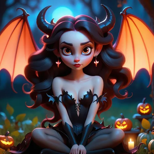 Prompt: cutie succubus, legs showing, arms showing, holding legs, fragonard, pixar, dusk, Gothic, bioluminescent, long hair, backlit, glowing, delicate, soft, ethereal, dark night, luminous, Halloween, 3D lighting, wings, devil horns, soft light, detailed face, realistic face, HD