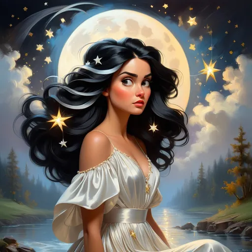 Prompt: painting of a beautiful woman with black hair, style of Fragonard, Pixar, Bob Ross, (long straight hair), angry, sensual, dusk, black hair, (wearing intricate white dress), ((moon and stars in hair)), stars, glowing, river, stream, night sky, silk, threads, ethereal, nebula, galaxy, luminous, ribbons, 3D lighting, soft light