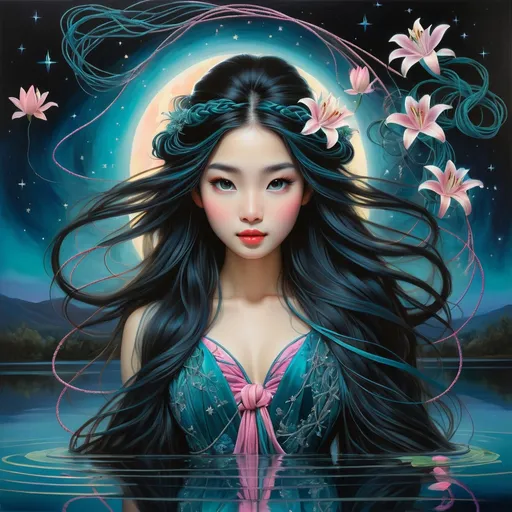 Prompt: painting of a beautiful girl, style of Yoshitaka Amano, (messy long hair), ropes, bright, ((midnight on a lake with reflection)), bioluminescent, veils, moon, (wearing intricate frock), stars, night sky, vines, delicate, teal, pink, black, bright colors, soft, (((webs))), silk, threads, lilypads, lillies, ethereal, nebula, galaxy, luminous, ribbons, 3D lighting, soft light
