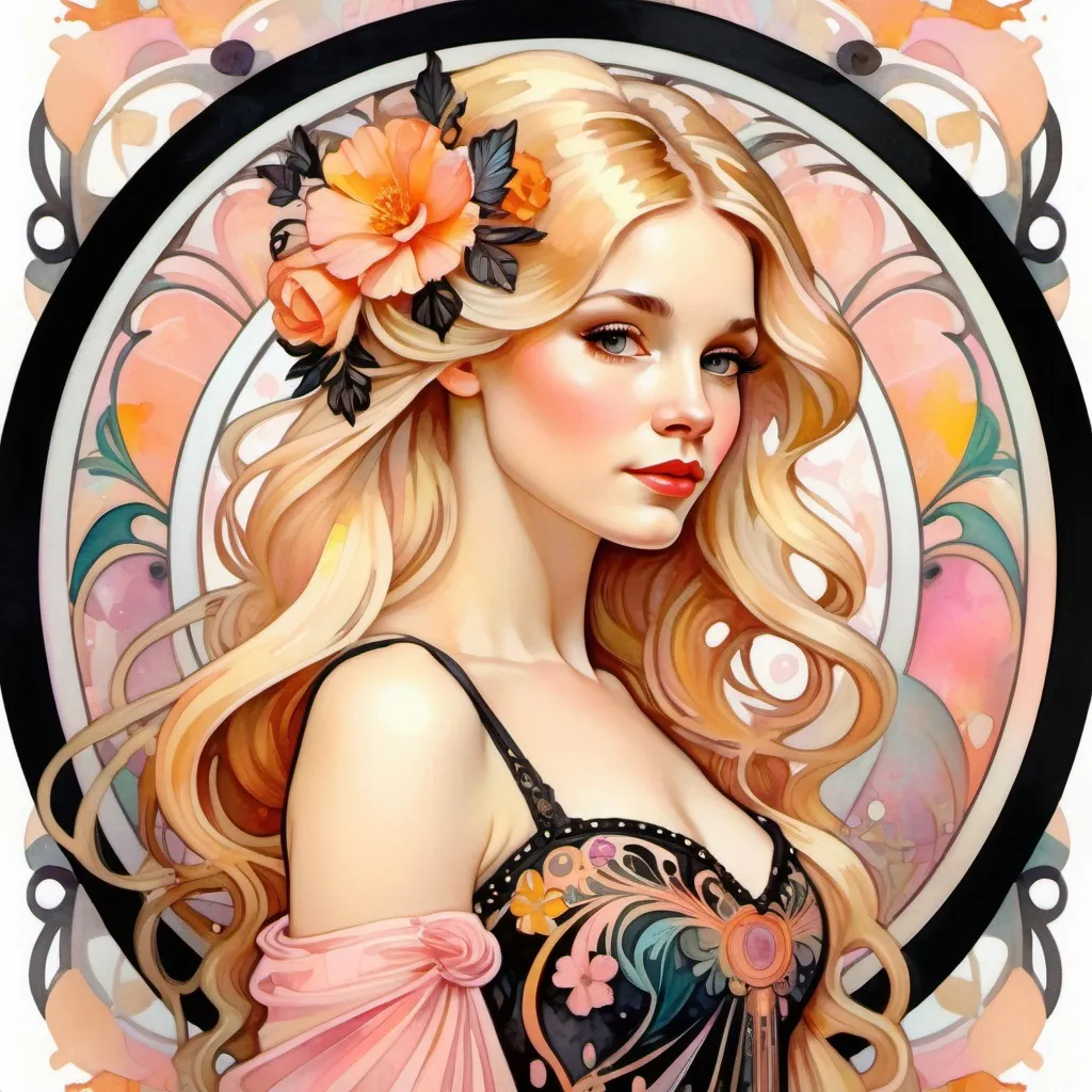 Prompt: A woman wearing an intricate frock, digital watercolor painting,  paint splatter, long blonde hair, bold brush strokes, pale skin, bright colors on white background, pink peach yellow black color palette, symmetrical, adorable, cute, Pixar style painting, art nouveau