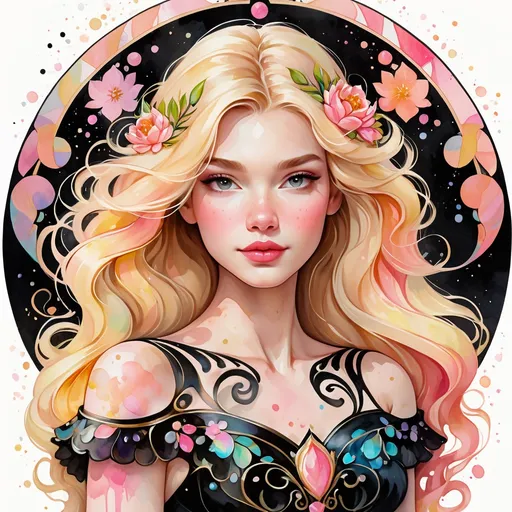 Prompt: A woman wearing an intricate frock, digital watercolor painting,  paint splatter, long blonde hair, bold brush strokes, pale skin, bright colors on white background, pink peach yellow black color palette, symmetrical, adorable, cute, Pixar style painting, art nouveau