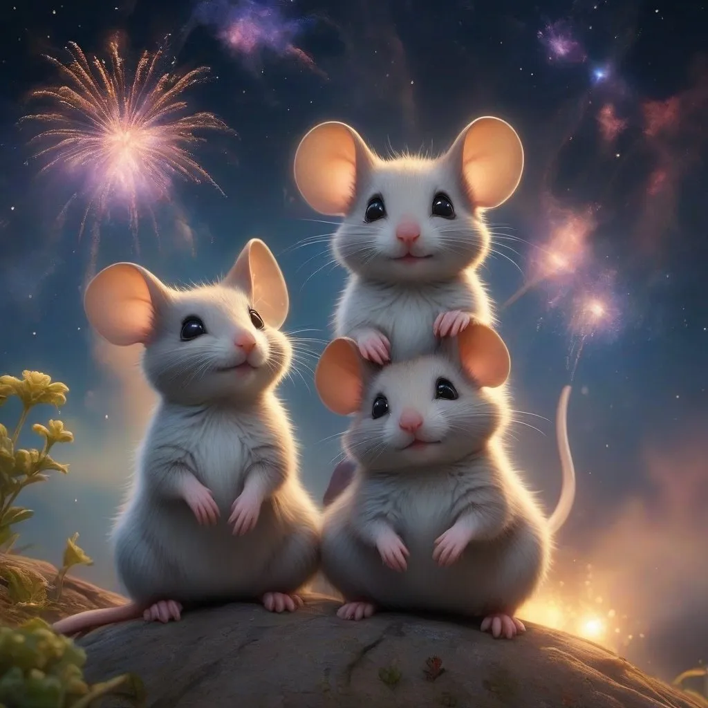 Prompt: adorable mice sitting on a hill at midnight watching fireworks, galaxy, (((nebula))), stars, dark sky, beautiful lighting