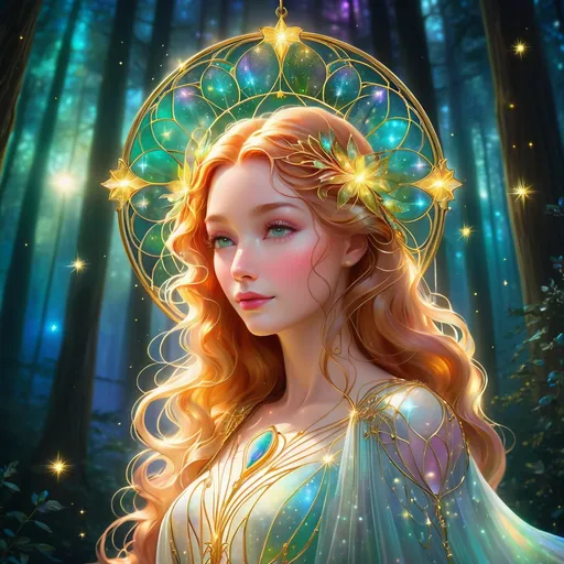 Prompt: Art nouveau, 3/4 view of young Tori Amos (filigree hair decoration), stained glass halo, sparkling veils, ethereal, luminous, fireflies, forest background, glowing, nebula, celestial, trails of light, sparkles, 3D lighting, celestial, gold filigree, soft light, vaporwave, fantasy