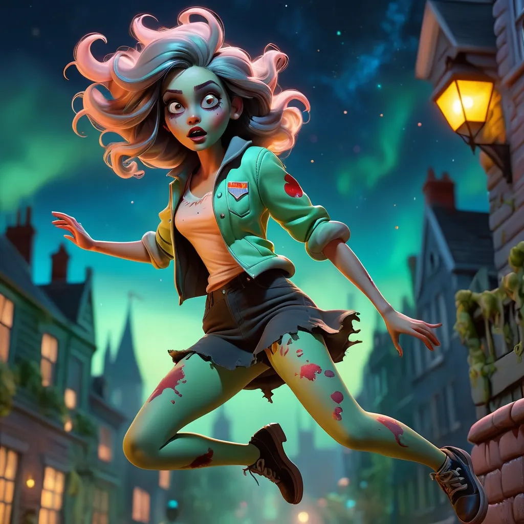 Prompt: beautiful zombie woman, legs showing, arms showing, jumping, fragonard, pixar, glowing eyes, dusk, Gothic, pale green skin, night sky, city, bioluminescent, wearing tattered clothing, blood, blood spatter, galaxy, backlit, glowing, delicate, peach, indigo, teal, grey, black, soft, straight hair, long hair, ethereal, dark night, luminous, 3D lighting, soft light, detailed face, realistic face, HD,  yellow school bus, ((bouncy castle)), ((jumping)), jump