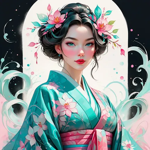 Prompt: A woman wearing an intricate kimono, digital watercolor painting,  paint splatter, bold brush strokes, pale skin, bright colors on white background, ice blue pink teal color palette, symmetrical, adorable, cute, Pixar style painting, art nouveau