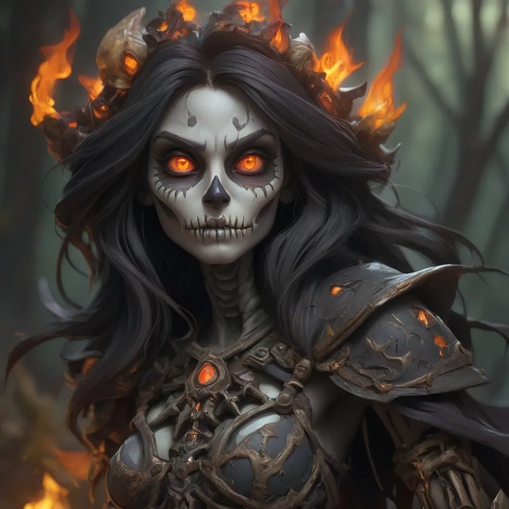 Prompt: Undead female, skeleton face, rotting, world of warcraft, mage, fire from hands, ((bright intense glowing eyes)), whole body visible