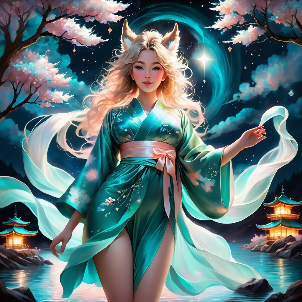 Prompt: painting of a beautiful girl, style of Fragonard, Pixar, Bob Ross, (messy hair), arms showing, legs showing, dusk, midnight, ((night sky)), sakura, peach, teal, bioluminescent, veils, (wearing intricate kimono), (white stag horns),  (fluffy white wolf ears), stars, ((yggdrasil in the background)), glowing, river, stream, lanterns, world tree, night sky, delicate, soft, silk, threads, ethereal, nebula, galaxy, luminous, ribbons, 3D lighting, soft light
