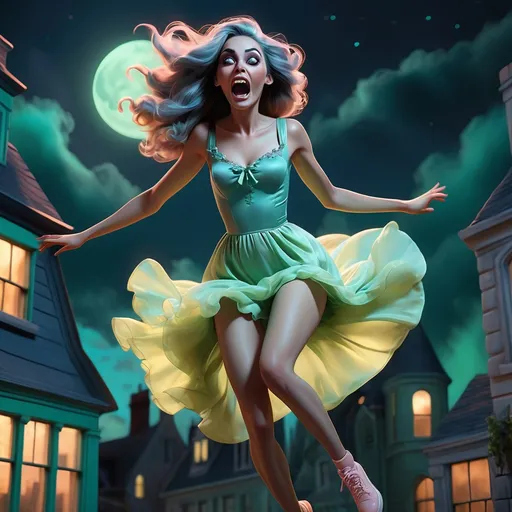 Prompt: beautiful zombie woman, legs showing, arms showing, screaming, jumping, fragonard, pixar, glowing eyes, dusk, Gothic, pale green skin, night sky, city, bioluminescent, galaxy, backlit, glowing, delicate, peach, indigo, teal, grey, black, soft, straight hair, long hair, ethereal, dark night, luminous, 3D lighting, soft light, detailed face, realistic face, HD,  yellow school bus, ((bouncy castle)), ((scream)), ((jumping)), jump, tattered clothing