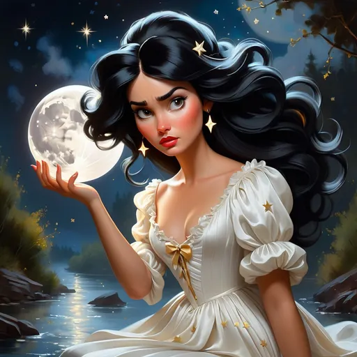 Prompt: painting of a beautiful woman with black hair, style of Fragonard, Pixar, Bob Ross, (long straight hair), arms showing, angry, scowling, sensual, midnight, black hair, (wearing intricate white dress), ((moon and stars in hair)), casting magic, channeling magic from her hands, stars, glowing, river, stream, night sky, silk, threads, ethereal, nebula, galaxy, luminous, ribbons, 3D lighting, soft light