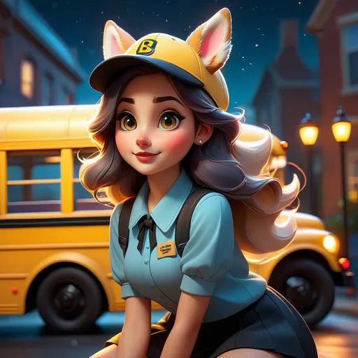 Prompt: cute girl, corgi ears, corgi tail, legs showing, arms showing, fragonard, pixar, glowing eyes, dusk, Gothic, night sky, city, bioluminescent, galaxy, backlit, glowing, delicate, peach, ((wearing a yellow school bus driver hat)), indigo, teal, grey, black, soft, straight hair, long hair, ethereal, dark night, luminous, 3D lighting, wings, devil horns, soft light, detailed face, realistic face, HD, evil, deep red paint splatter, garnet red paint spatter, slight smile, ((yellow school bus))