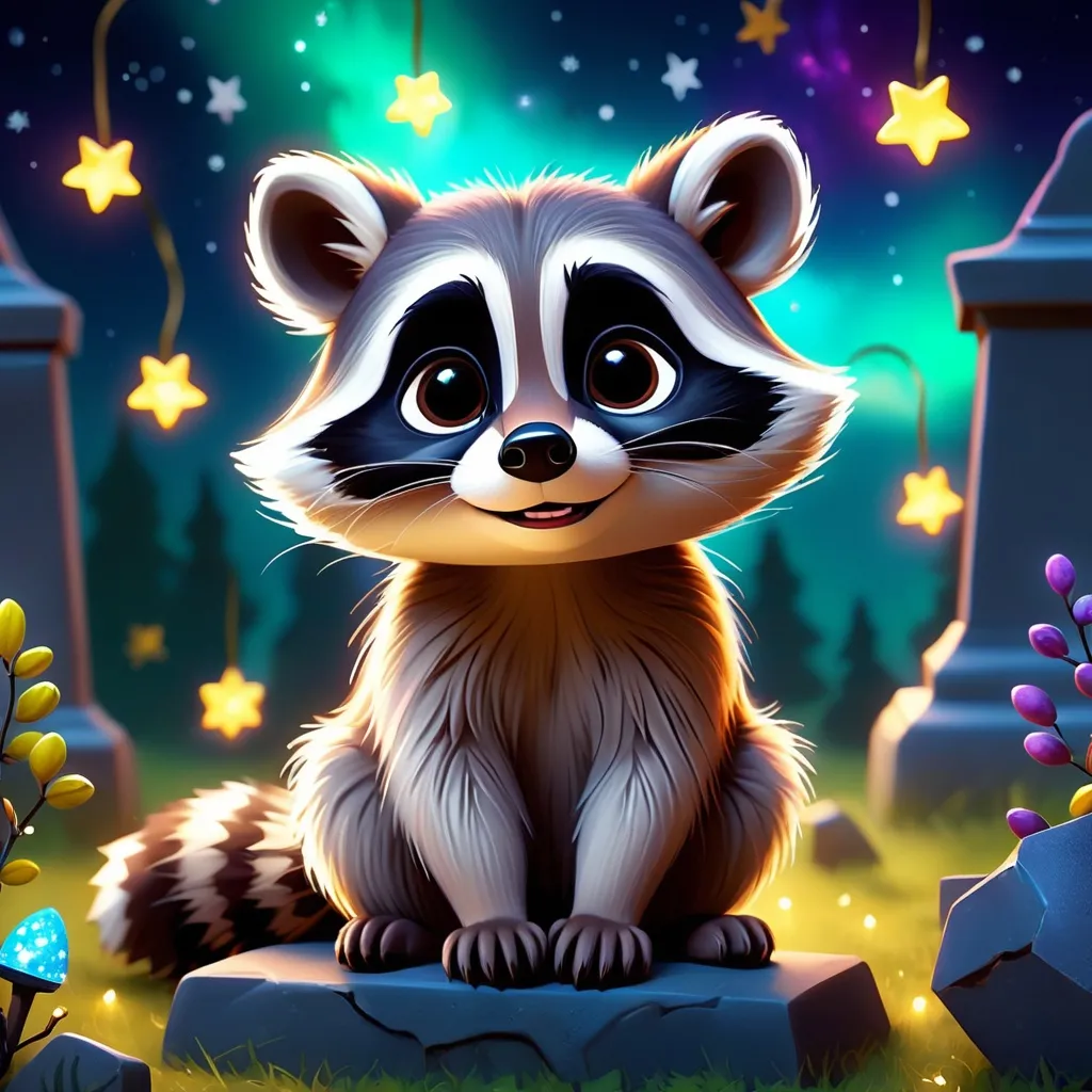 Prompt: Cute Pixar style painting, an adorable raccoon, christmas, midnight, chriatmas lights, nebula, galaxy, stars, fireflies, glowing, Graves, cemetery, soft light, 4k, beautiful 