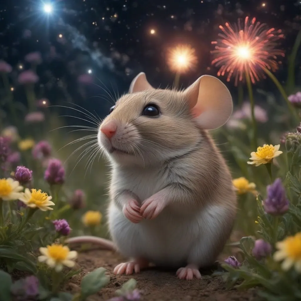 Prompt: one mouse, sitting in a field of flowers at midnight staring at the sky, fireworks, galaxy, (((nebula))), stars, dark sky, beautiful lighting