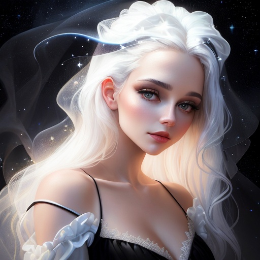 Prompt: painting of Angelise Reiter, style of Fragonard, Pixar, Bob Ross, black eyeshadow, white hair, straight hair, dusk, bioluminescent, veils, stars, glowing, night sky, delicate, soft, silk, threads, ethereal, nebula, galaxy, luminous, 3D lighting, soft light