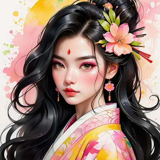 Prompt: An asian woman wearing an intricate kimono, digital watercolor painting,  paint splatter, long hair, bold brush strokes, pale skin, bright colors on white background, pink peach yellow black color palette, symmetrical, bold eyeshadow, adorable, cute, Pixar style painting, art nouveau