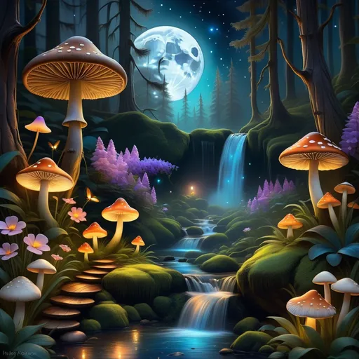 Prompt: Disney style, moon, forest, flowers, nighttime, stream, waterfall, mushrooms, galaxy, soft light, art, painting, sweet, fireflies, spooky dark forest