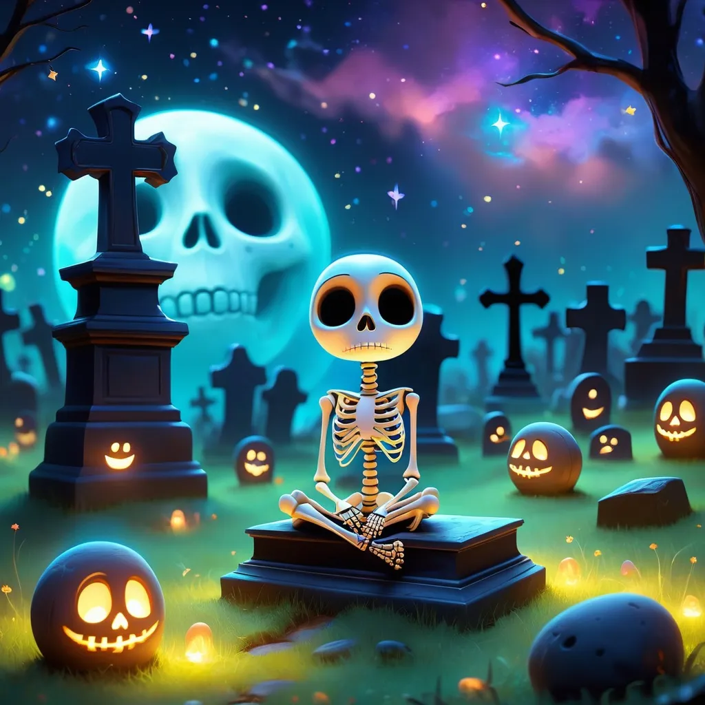 Prompt: Cute Pixar style painting, an adorable spirit, graveyard, midnight, translucent skin,  floating, nebula, galaxy, stars, fireflies, glowing eyes, glowing, Graves, cemetery, soft light, 4k, beautiful , gravestones, crypt, skeleton, dead trees, hill