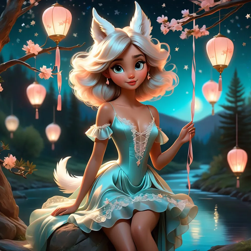 Prompt: painting of a beautiful girl, style of Fragonard, Pixar, Bob Ross, (messy hair), arms showing, legs showing, dusk, mid afternoon, sakura, peach, teal, bioluminescent, veils, (wearing intricate lace dress), (white stag horns),  (fluffy white wolf ears), stars, glowing, river, stream, lanterns, world tree, night sky, delicate, soft, silk, threads, ethereal, nebula, galaxy, luminous, ribbons, 3D lighting, soft light, detailed face, realistic face, HD