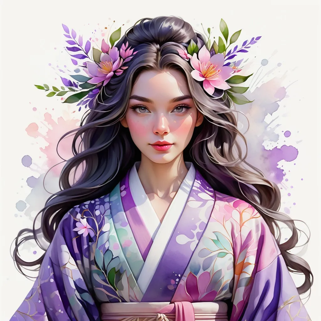 Prompt: A woman wearing an intricate kimono, digital watercolor painting,  paint splatter, long hair, bold brush strokes, pale skin, bright colors on white background, lavender pink grey color palette, symmetrical, adorable, cute, Pixar style painting, art nouveau