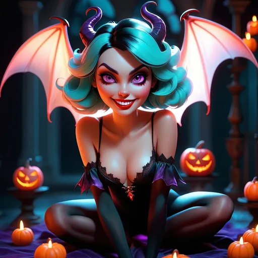 Prompt: beautiful, sensual succubus, legs showing, arms showing, holding legs, fragonard, pixar, glowing eyes, dusk, Gothic, bioluminescent, backlit, glowing, delicate, peach, teal, purple, black, soft, straight hair, bob hair, ethereal, dark night, luminous, Halloween, 3D lighting, wings, devil horns, soft light, detailed face, realistic face, HD, lots of blood, blood everywhere, vampire teeth, smiling, evil, oozing blood, vampire, bleeding, red blood, blood spatter