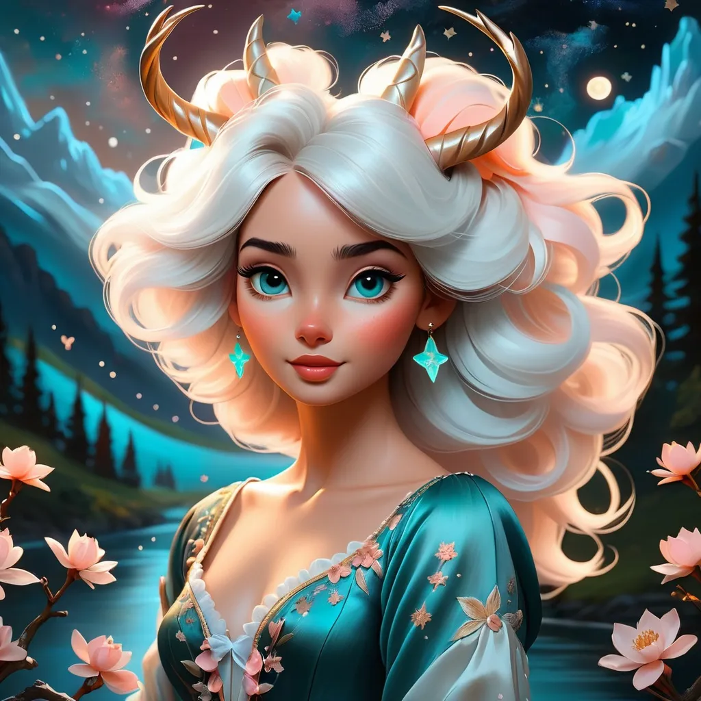 Prompt: painting of a beautiful girl, style of Fragonard, Pixar, Bob Ross, (messy hair), arms showing, dusk, midnight, ((night sky)), sakura, peach, teal, bioluminescent, veils, (wearing intricate silk top), (white stag horns),  (fluffy white wolf ears), stars, ((yggdrasil in the background)), glowing, river, stream, lanterns, world tree, night sky, delicate, soft, silk, threads, ethereal, nebula, galaxy, luminous, ribbons, 3D lighting, soft light