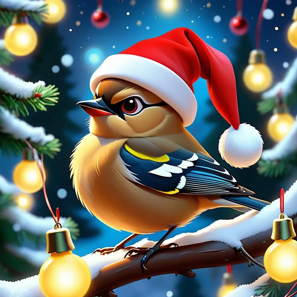 Prompt: Cute Pixar style painting, an adorable cedar waxwing,, christmas, midnight, ornaments, christmas tree, gifts, Santa hat, christmas lights, nebula, galaxy, stars, fireflies, glowing,  snow, soft light, 4k, beautiful 