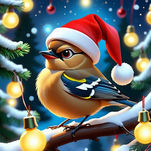 Prompt: Cute Pixar style painting, an adorable cedar waxwing,, christmas, midnight, ornaments, christmas tree, gifts, Santa hat, christmas lights, nebula, galaxy, stars, fireflies, glowing,  snow, soft light, 4k, beautiful 