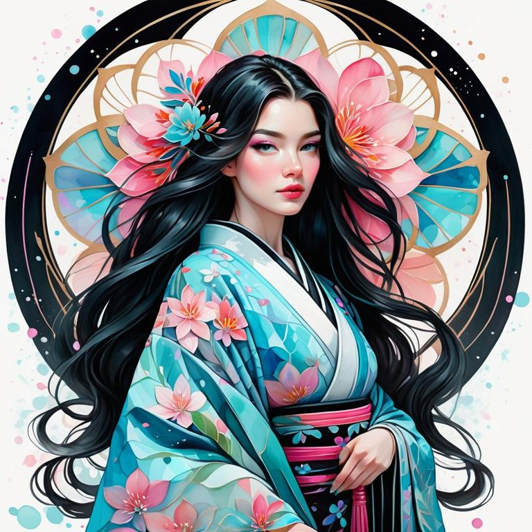 Prompt: A woman wearing an intricate kimono, digital watercolor painting,  paint splatter, long hair, bold brush strokes, pale skin, bright colors on white background, ice blue pink black color palette, symmetrical, adorable, cute, Pixar style painting, art nouveau