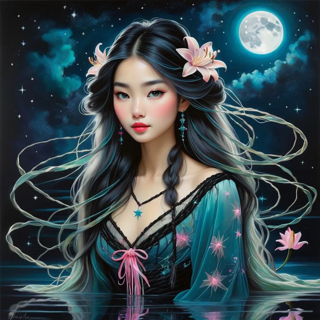 Prompt: painting of a beautiful girl, style of Yoshitaka Amano, (messy long hair), ropes, bright, ((midnight on a lake with reflection)), bioluminescent, veils, moon, (wearing intricate frock), stars, night sky, vines, delicate, teal, pink, black, bright colors, soft, (((webs))), silk, threads, lilypads, lillies, ethereal, nebula, galaxy, luminous, ribbons, 3D lighting, soft light