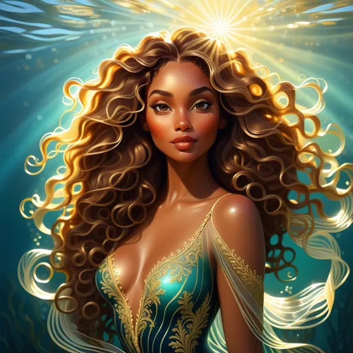 Prompt: Digital style painting, a beautiful woman, swimming, deep ocean, sun beams, long curly flowing hair, seaweed, filigree decoration, backlit, sparkles