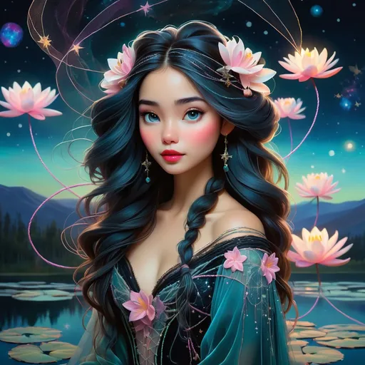 Prompt: portrait painting of a beautiful girl, style of Yoshitaka Amano and Pixar, (messy long hair), ropes, bright, ((midnight on a lake with reflection)), bioluminescent, veils, moon, (wearing intricate frock), stars, night sky, vines, delicate, teal, pink, black, bright colors, soft, (((webs))), silk, threads, lilypads, lillies, ethereal, nebula, galaxy, luminous, ribbons, 3D lighting, soft light