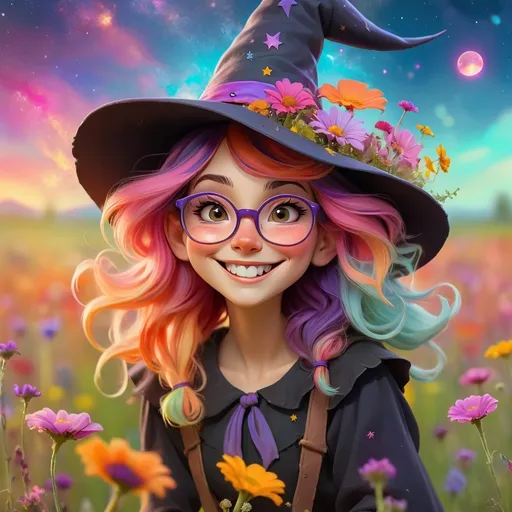 Prompt: a young witch with messy multicolored hair, smiling, large glasses, witch hat, field, flowers, galaxy, soft light, art, painting, sweet, pastel clothing, pastel color scheme, casting a spell