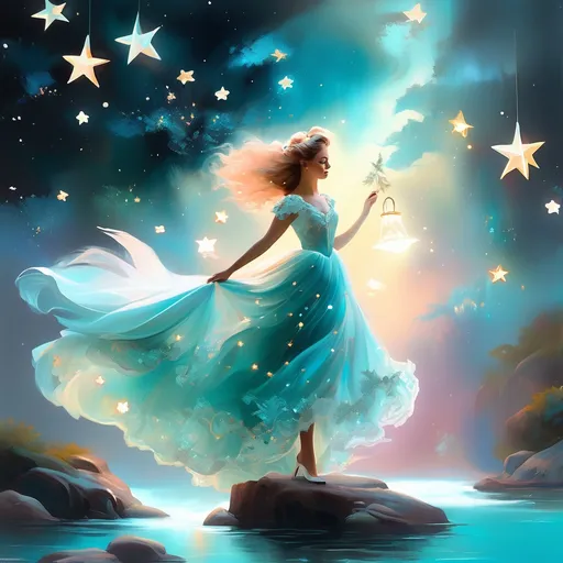 Prompt: painting of a beautiful girl, style of Fragonard, Pixar, Bob Ross, (messy hair), arms showing, legs showing, dusk, mid afternoon, sakura, peach, teal, bioluminescent, veils, (wearing intricate lace dress), (white stag horns),  (fluffy white wolf ears), stars, glowing, river, stream, lanterns, world tree, night sky, delicate, soft, silk, threads, ethereal, nebula, galaxy, luminous, ribbons, 3D lighting, soft light
