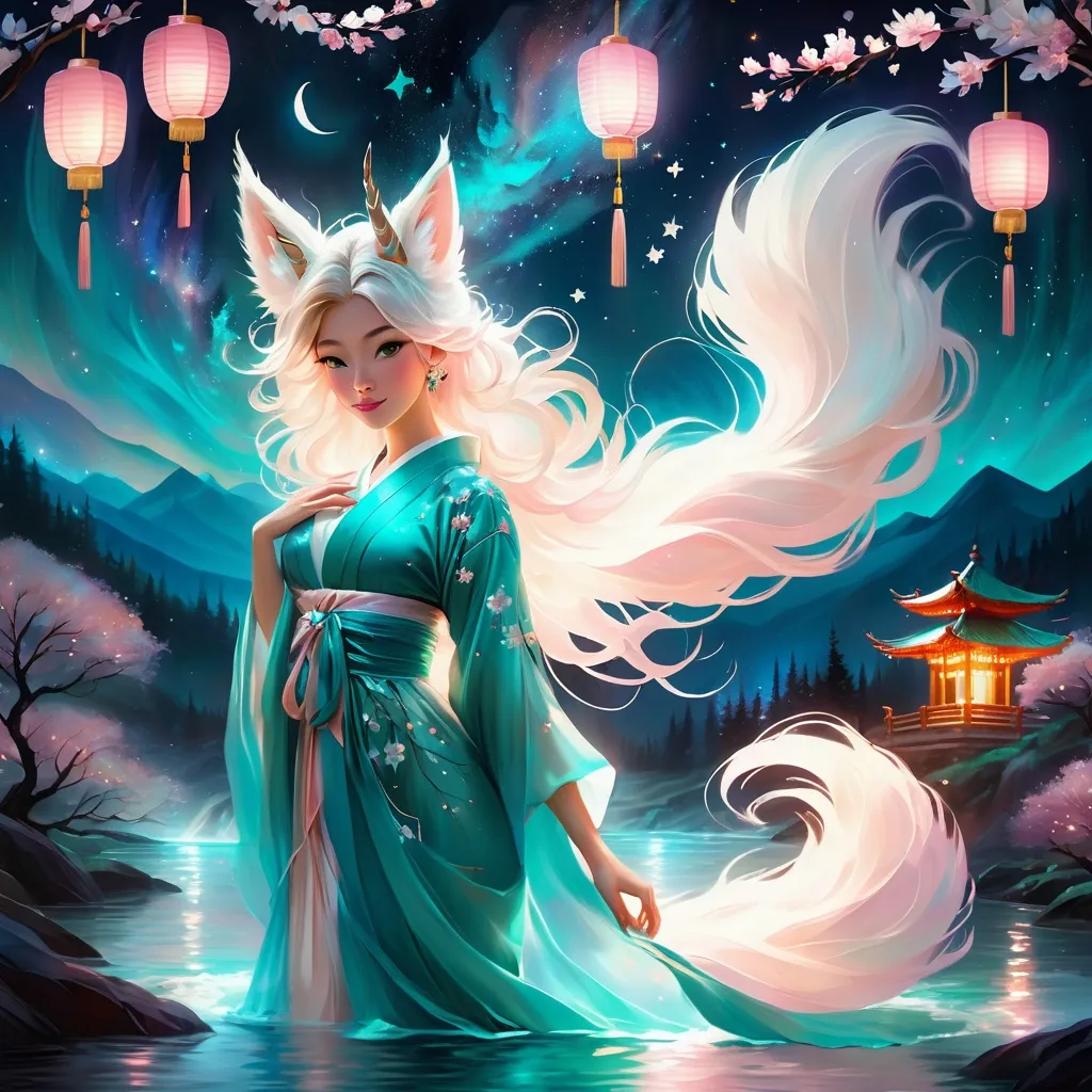 Prompt: painting of a girl, style of Fragonard, Pixar, Bob Ross, (messy hair), arms showing, dusk, ((night sky)), sakura, peach, teal, bioluminescent, veils, (wearing intricate kimono), (white stag horns),  (fluffy white fox ears), stars, ((yggdrasil in the background)), glowing, river, stream, lanterns, night sky, delicate, soft, silk, threads, ethereal, nebula, galaxy, luminous, ribbons, 3D lighting, soft light