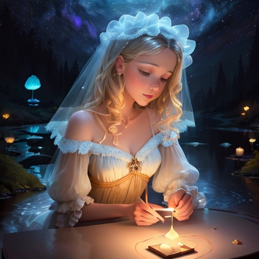 Prompt: painting of Angelise Reiter, style of Fragonard, Pixar, Bob Ross, dusk, bioluminescent, veils, stars, glowing, river, stream, lanterns, world tree, night sky, delicate, soft, silk, threads, ethereal, nebula, galaxy, luminous, ribbons, 3D lighting, soft light