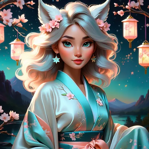 Prompt: painting of a beautiful girl, style of Fragonard, Pixar, Bob Ross, (messy hair), arms showing, legs showing, dusk, midnight, ((night sky)), sakura, peach, teal, bioluminescent, veils, (wearing intricate kimono), (white stag horns),  (fluffy white wolf ears), stars, ((yggdrasil in the background)), glowing, river, stream, lanterns, world tree, night sky, delicate, soft, silk, threads, ethereal, nebula, galaxy, luminous, ribbons, 3D lighting, soft light