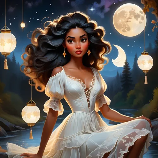 Prompt: painting of Lanfear from the Wheel of Time, style of Fragonard, Pixar, Bob Ross, (messy hair), angry, sensual, arms showing, legs showing, dusk, black hair, (wearing intricate white lace dress), moon and stars in hair, stars, glowing, river, stream, lanterns, night sky, delicate, soft, silk, threads, ethereal, nebula, galaxy, luminous, ribbons, 3D lighting, soft light