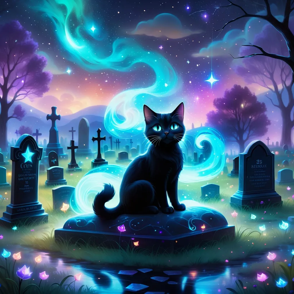 Prompt: Cute Pixar style painting, an adorable cat spirit, graveyard, midnight, translucent skin,  floating, nebula, galaxy, stars, fireflies, glowing eyes, glowing, Graves, cemetery, soft light, 4k, beautiful , gravestones, crypt, dead trees, hill