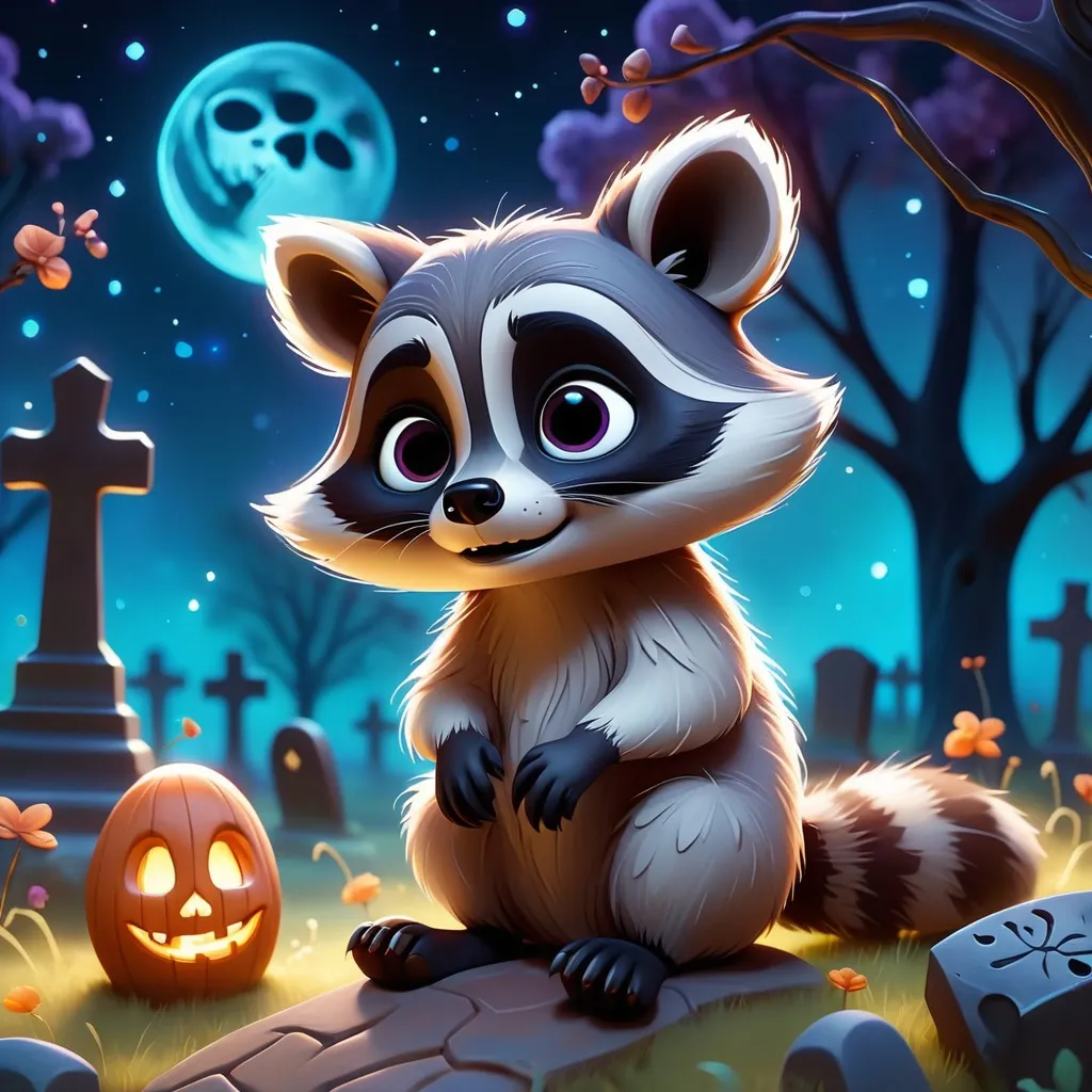 Prompt: Cute Pixar style painting, an adorable raccoon ghost, graveyard, midnight, translucent skin,  floating, nebula, galaxy, stars, fireflies, glowing eyes, glowing, Graves, cemetery, soft light, 4k, beautiful , gravestones, crypt, skeleton, dead trees, hill