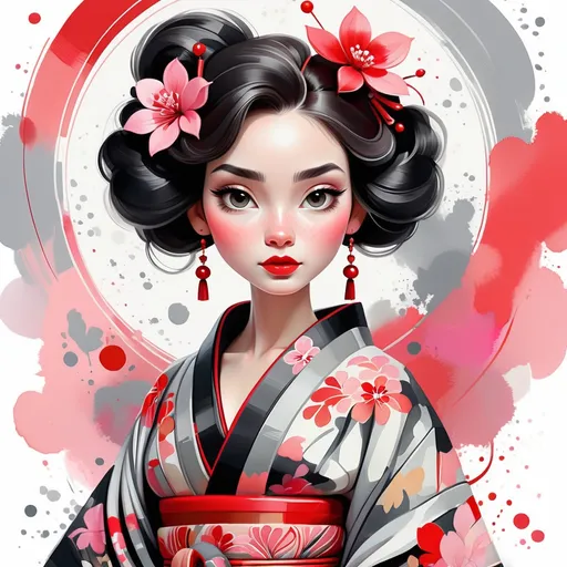 Prompt: A woman wearing an intricate kimono, digital watercolor painting,  paint splatter, bold brush strokes, pale skin, bright colors on white background, red Grey pink black color palette, symmetrical, adorable, cute, Pixar style painting, art nouveau