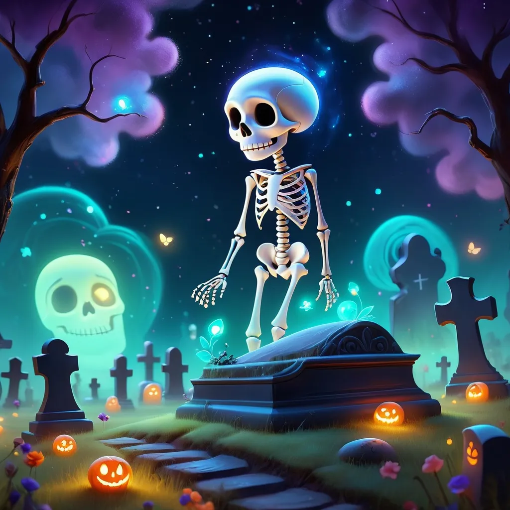 Prompt: Cute Pixar style painting, an adorable spirit, graveyard, midnight, translucent skin,  floating, nebula, galaxy, stars, fireflies, glowing eyes, glowing, Graves, cemetery, soft light, 4k, beautiful , gravestones, crypt, skeleton, dead trees, hill