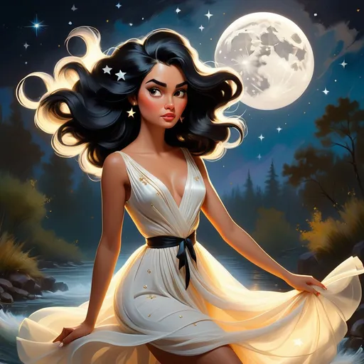 Prompt: painting of a beautiful woman with black hair, style of Fragonard, Pixar, Bob Ross, (long straight hair), angry, sensual, arms showing, legs showing, dusk, black hair, (wearing intricate white dress), ((moon and stars in hair)), stars, glowing, river, stream, night sky, silk, threads, ethereal, nebula, galaxy, luminous, ribbons, 3D lighting, soft light